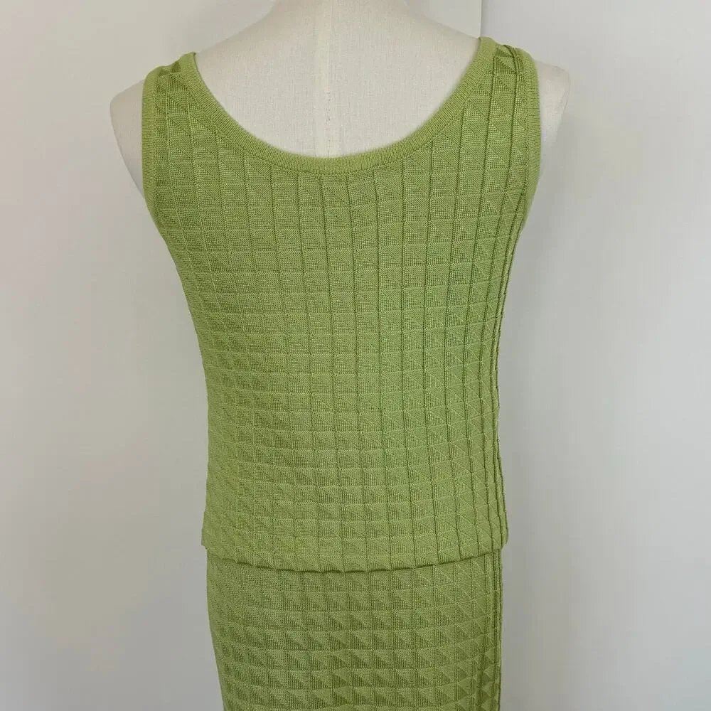 St. John Matching SET Santana Knit Sleeveless Top and Skirt Lime Green S/2
